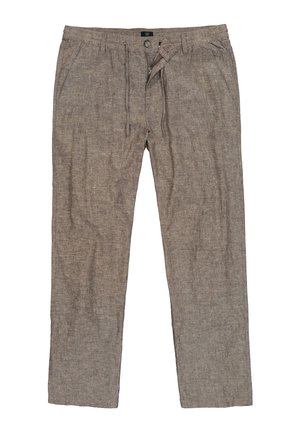 Beige herrebukser i linned med forlommer, bæltestropper, knaplukning og delvist åbnet lynlås.