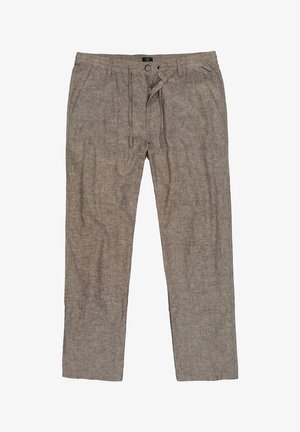 Beige herrebukser i linned med forlommer, bæltestropper, knaplukning og delvist åbnet lynlås.