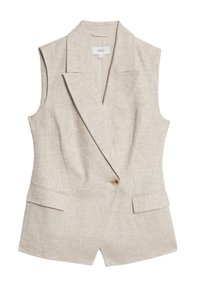 Béžový lněný bezrukávový blazer s vroubkovaným klopem, jednobuttonovým zapínáním, dvěma předními kapsami a texturovaným povrchem.