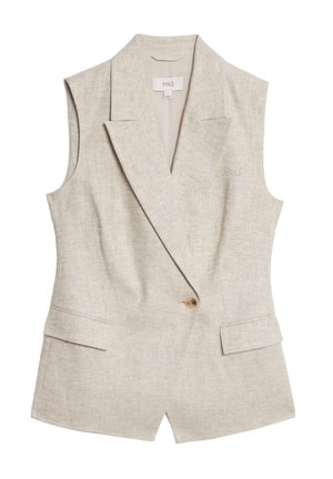 Blazer sans manches en lin beige avec un revers cranté, fermeture à un bouton, deux poches avant et une finition en tissu texturé.