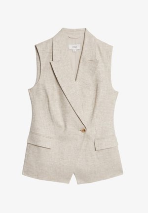 Beige linen sleeveless blazer with a notched lapel, single button closure, two front pockets, and a textured fabric finish.