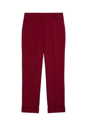 Pantalons taillés bordeaux avec passants de ceinture, fermeture à bouton, poches latérales et ourlets retroussés, présentés à plat sur un fond blanc.