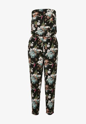 Crn odskakavajući kombinezon bez naramenica s vibrantnim bijelim, ružičastim i tirkiznim cvjetovima, elastičnom strukom, suženim nogavicama i laganom tkaninom.