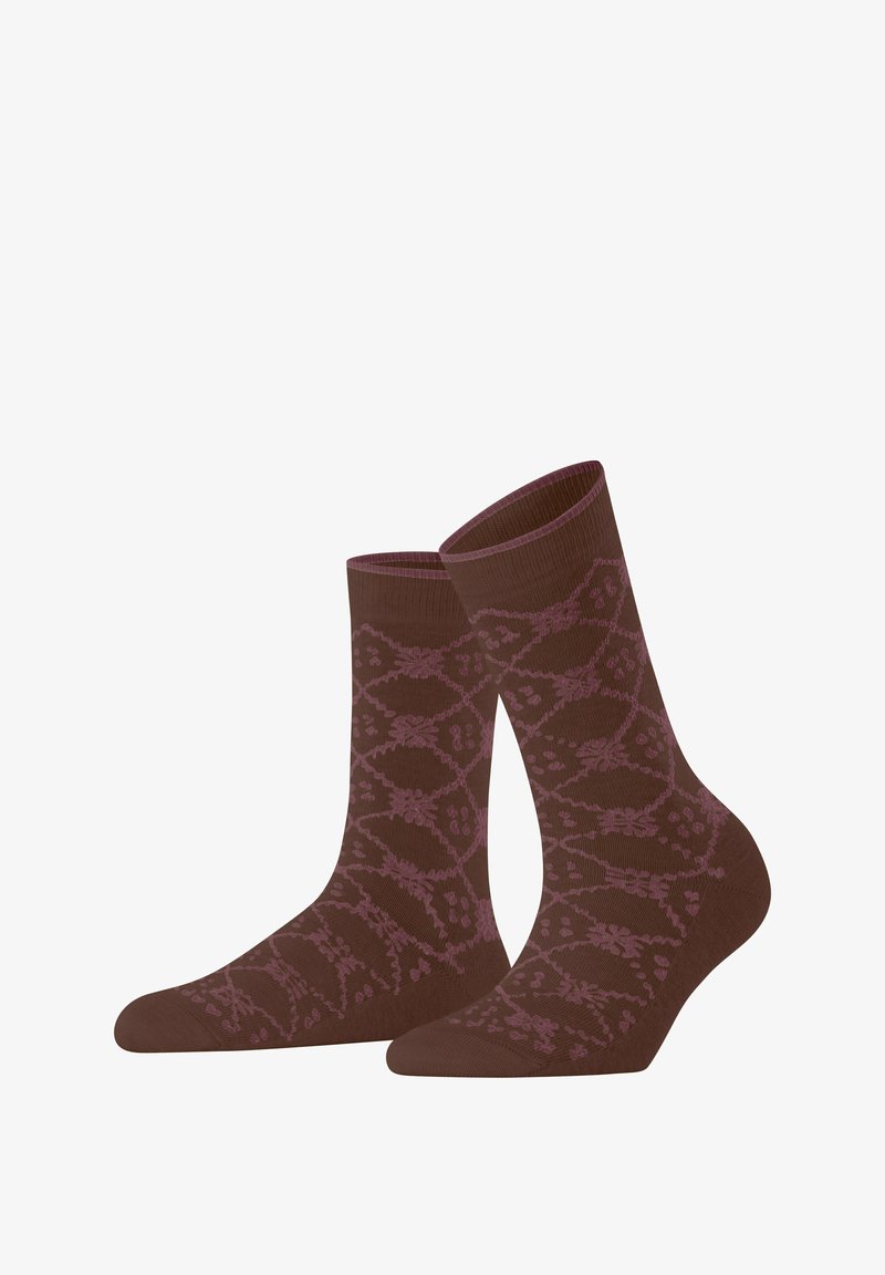 Braune Socken mit einem floralen Muster in einem dunkleren Rosaton, ausgestattet mit einem gerippten Bund und einer glatten Textur.