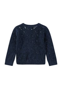 Mörkblå stickad tröja med ett strukturerat mönster, rundad hals och långa ärmar; har öppet arbete som detaljer genom hela tyget.