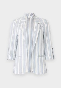 Blazer rayé blanc et bleu clair, avec un col, des poignets boutonnés, et un tissu léger à texture lisse.