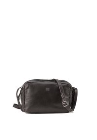 Borsa a tracolla nera in pelle con chiusura a zip, texture liscia, tracolla regolabile e logo in rilievo sul davanti. Forma rettangolare.