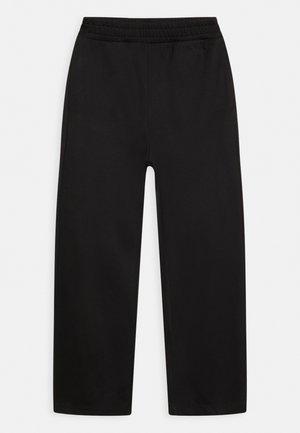 Black straight-leg pants with elastic waistband, two side pockets, and a smooth fabric texture, laid flat on a white background.