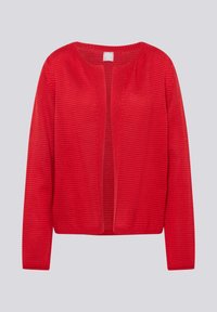 Roter gestrickter Cardigan mit Rundhalsausschnitt, offenem Vorderteil und strukturiertem Stoff. Lange Ärmel und gerader Schnitt, geeignet zum Schichten.