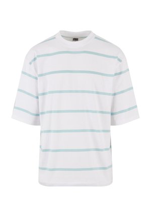 Hvid kortærmet t-shirt med lyseblå vandrette striber. Lavet af blød bomuld med en afslappet pasform og rund halsudskæring.