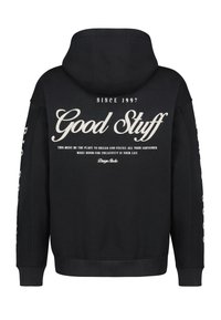 Schwarzer Kapuzenpullover mit einem großen weißen Textdesign auf der Rückseite. Verfügt über eine Kapuze und gerippte Bündchen. Der Text enthält "Gute Dinge" und ein Jahr.