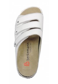 White leather slide sandal with three adjustable straps, soft beige insole, light stitching detail, and “berkemann” branding on footbed.