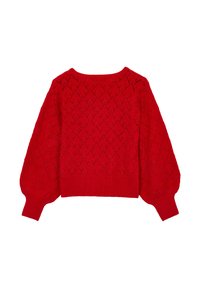 Roter gestrickter Pullover mit einem Rautenmuster, breiten Puffärmeln und geripptem Saum. Strukturiertes Material, kurze Länge und Rundhalsausschnitt.