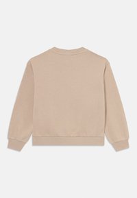Sweatshirt beige en tissu doux, doté d'un col rond, de poignets côtelés et d'une coupe décontractée. La vue de dos montre des coutures sans couture.