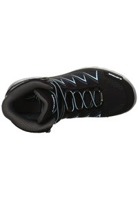 Black hiking shoe with blue accents, featuring a breathable mesh upper, reinforced toe, and cushioned collar. Textured sole for traction.