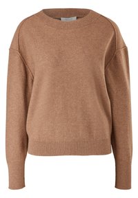 Bruine trui met een geribde ronde halslijn, verlaagde schoudernaden en geribde manchetten en zoom. Gemaakt van zachte, gestructureerde stof.