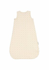 Puuvillane magamiskott kreemikasvärviga väikeste kuldsete täppidega. Omab kaenlaaukudeta disaini, ümmargust kaela ja külgzipi lihtsaks juurdepääsuks.