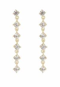 Guldtonade hängande örhängen med en följd av runda klara kristaller, arrangerade i en vertikal linje med länkade infattningar.