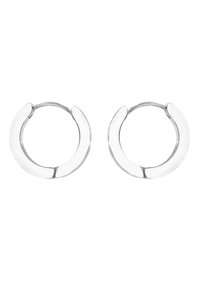 Orecchini a cerchio in argento con design arrotondato, superficie liscia e chiusura sicura a morsetto. Presentano uno stile minimalista e senza cuciture.
