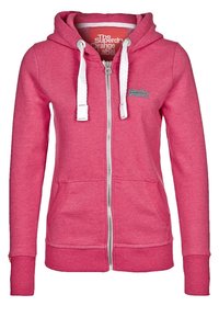 Felpa rosa con zip realizzata in tessuto felpato, con zip frontale, due tasche laterali, cappuccio regolabile con coulisse e dettagli bianchi a contrasto.