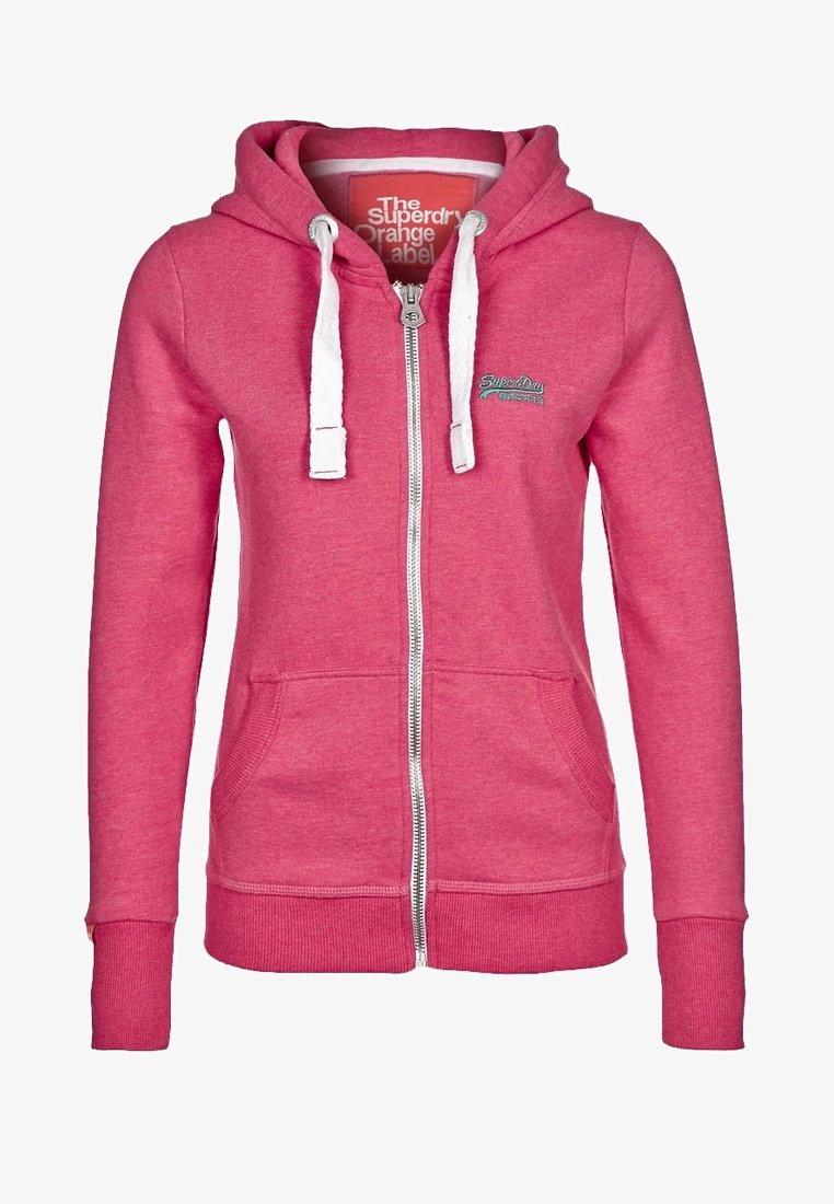 Felpa rosa con zip realizzata in tessuto felpato, con zip frontale, due tasche laterali, cappuccio regolabile con coulisse e dettagli bianchi a contrasto.