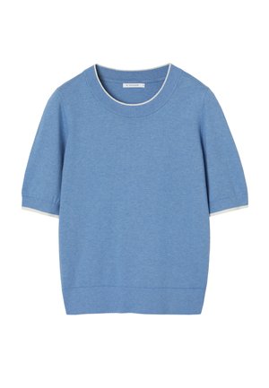 Maglione azzurro chiaro a maniche corte con scollo rotondo e dettagli a coste sullo scollo e sulle maniche. Realizzato in tessuto morbido e strutturato.