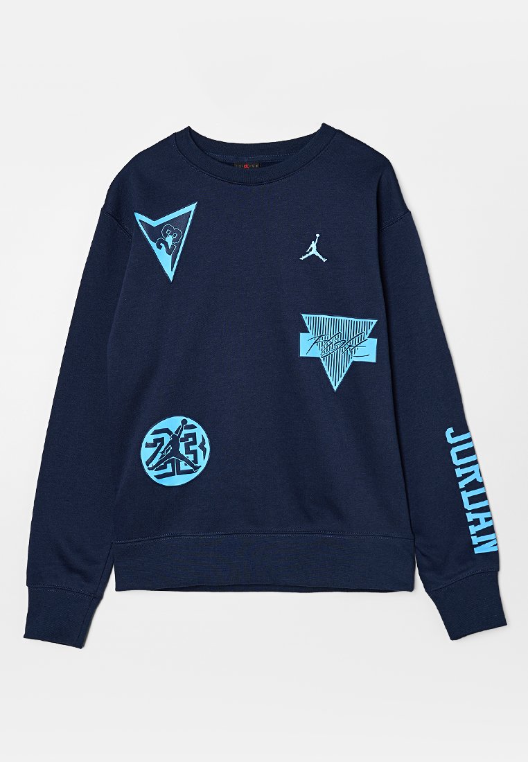 Granatowy sweatshirt wykonany z mieszanki bawełny z jasnoniebieskimi grafikami, w tym logo i wzory na przodzie i rękawie.