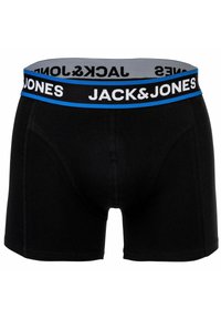 Svarta boxershorts i mjuk tyg med en grå midja som har vit "JACK & JONES" text och en blå accentrand.