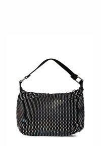 Borsa nera con una texture morbida in tessuto, ricoperta di strass multicolori, dotata di una sola tracolla e dettagli in hardware argentato.