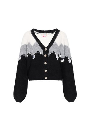 Fekete kötött, rövidített kardigán fehér és szürke cikkcakk mintával, gombos záródással, hosszú ujjakkal és ezüst flitter díszítéssel.