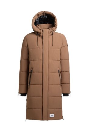 Parka acolchada marrón con capucha, con detalles en negro, cremallera frontal, bolsillos laterales y puños elásticos. Tejido suave con diseño acolchado.
