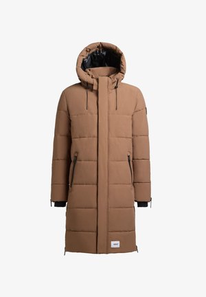 Parka acolchada marrón con capucha, con detalles en negro, cremallera frontal, bolsillos laterales y puños elásticos. Tejido suave con diseño acolchado.