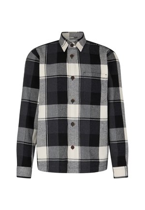 Camicia a maniche lunghe a righe nere, bianche e grigie con taschino sul lato sinistro e bottoni marroni scuri.