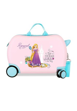 Maleta infantil rosa y azul con Rapunzel en vestido púrpura sosteniendo un cepillo, silueta de castillo y texto "Deja que el valor marque el camino."