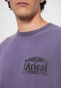 Sweatshirt din bumbac violet, cu un logo imprimat negru "Aries" și un design arhitectural clasic pe piept. Guler rotund.