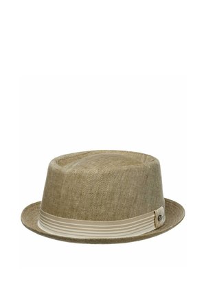 Beige herringbone-patterned fedora with a light beige striped ribbon band and a small decorative button.