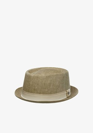 Beige herringbone-patterned fedora with a light beige striped ribbon band and a small decorative button.