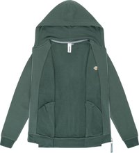 Felpa verde con zipper e fodera in pile, cappuccio, maniche lunghe, due tasche frontali e polsini a costine, esposta aperta su uno sfondo bianco.