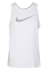 Biała bezrękawnik z bawełny, z dużym szarym nadrukiem w kształcie logo Nike na przodzie. Gładka faktura, luźny krój.
