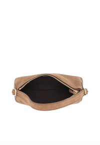 Brown suede bag with a zip closure, featuring a lined interior and a flat shape. The strap is secured with a gold-tone clasp.