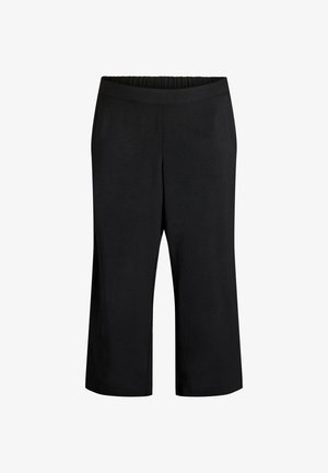 Sorte, vide ben cropped bukser med elastisk taljebånd, glat tekstur og ingen synlige lommer eller pynt.