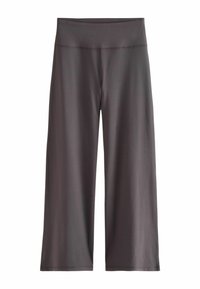 Pelēki platajās kājas treniņu bikses, kas izgatavotas no gludas auduma, ar augstu jostasvietu un bez redzamām šuvēm, izstrādātas komfortam un elastībai.