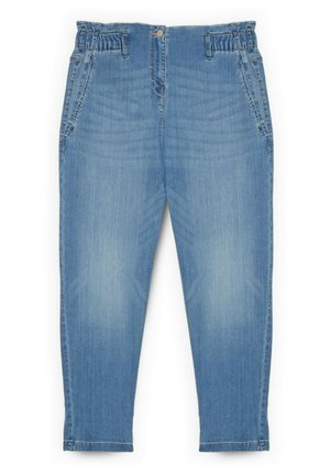 Jasnoniebieskie jeansy o luźnym kroju, z elastycznym pasem, pięcioma kieszeniami i lekko zwężanymi nogawkami. Posiadają subtelne przetarcia.