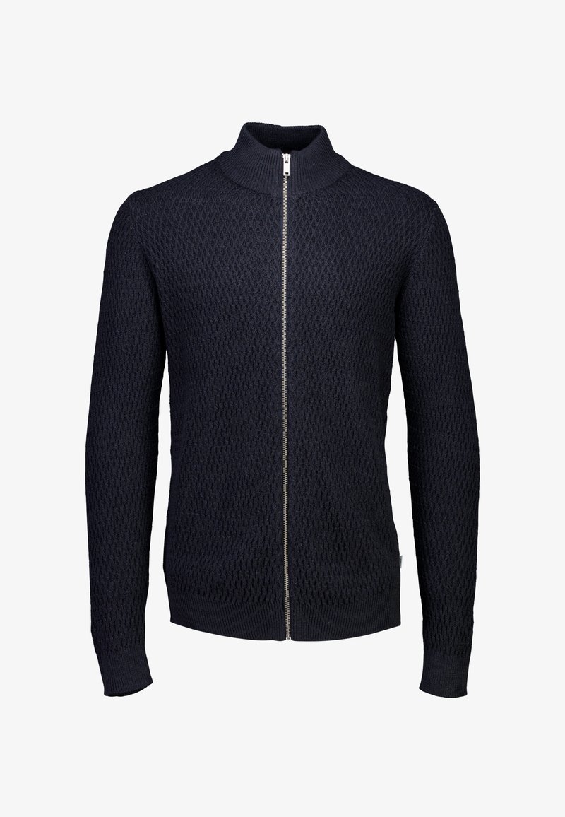 Suéter con cremallera de punto en azul marino oscuro, de manga larga y cuello alto, con un patrón texturizado en forma de diamante.