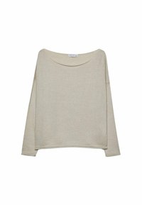 Beige, lichtgewicht trui met lange mouwen, een ronde halslijn en een losse pasvorm. Zachte textuur met een gladde afwerking en een iets cropped zoom.