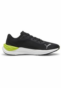 Zapatillas deportivas negras con un upper texturizado, suela blanca y un acento verde lima en el talón. Presenta un diseño de cordones y un logo en el lateral.