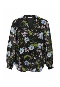 Blusa nera a fiori realizzata in tessuto leggero, con scollo a V, maniche lunghe a sbuffo e un design di fiori blu e rosa con foglie verdi.