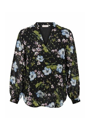Schwarze Bluse mit Blumenmuster aus leichtem Stoff, mit V-Ausschnitt, langen Puffärmel und einem Design aus blauen und rosa Blumen mit grünen Blättern.