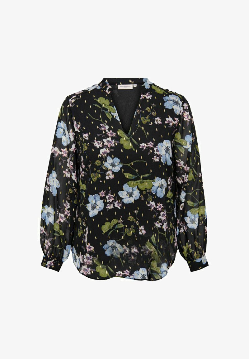 Blusa nera a fiori realizzata in tessuto leggero, con scollo a V, maniche lunghe a sbuffo e un design di fiori blu e rosa con foglie verdi.