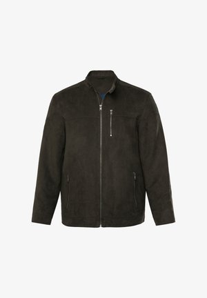 Dunkelgraue Wildlederjacke mit Stehkragen, vorderem Reißverschluss und zwei Seitentaschen. Verfügt über eine mit Reißverschluss verschlossene Brusttasche für zusätzlichen Detailreichtum.